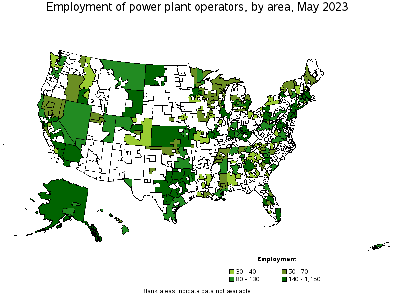 Map of employment of power plant operators by area, May 2022