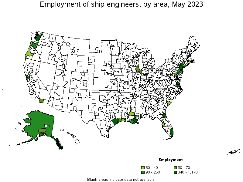 Map of employment of ship engineers by area, May 2022