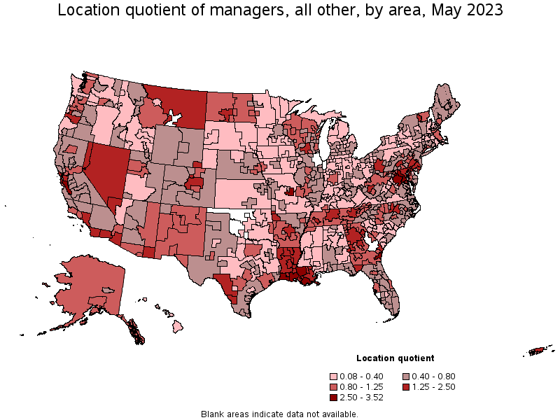Map of location quotient of managers, all other by area, May 2022