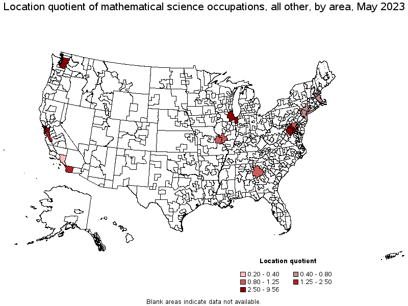 Map of location quotient of mathematical science occupations, all other by area, May 2021