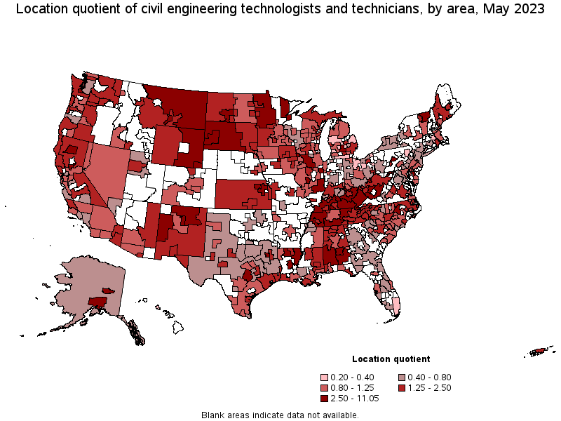 Map of location quotient of civil engineering technologists and technicians by area, May 2021