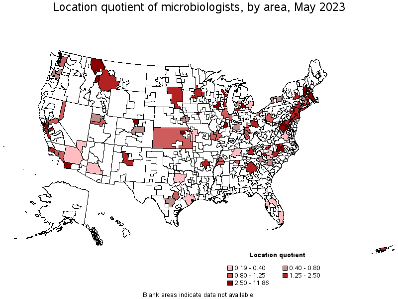 Map of location quotient of microbiologists by area, May 2022