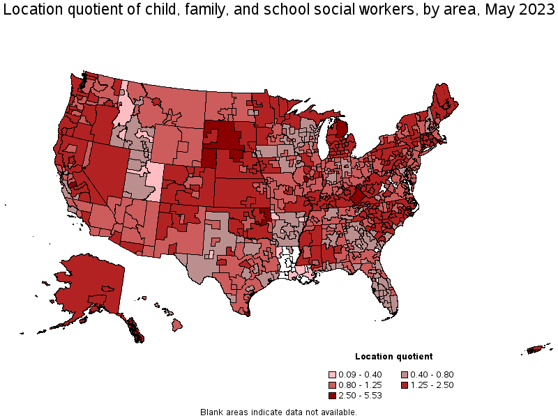 Map of location quotient of child, family, and school social workers by area, May 2021