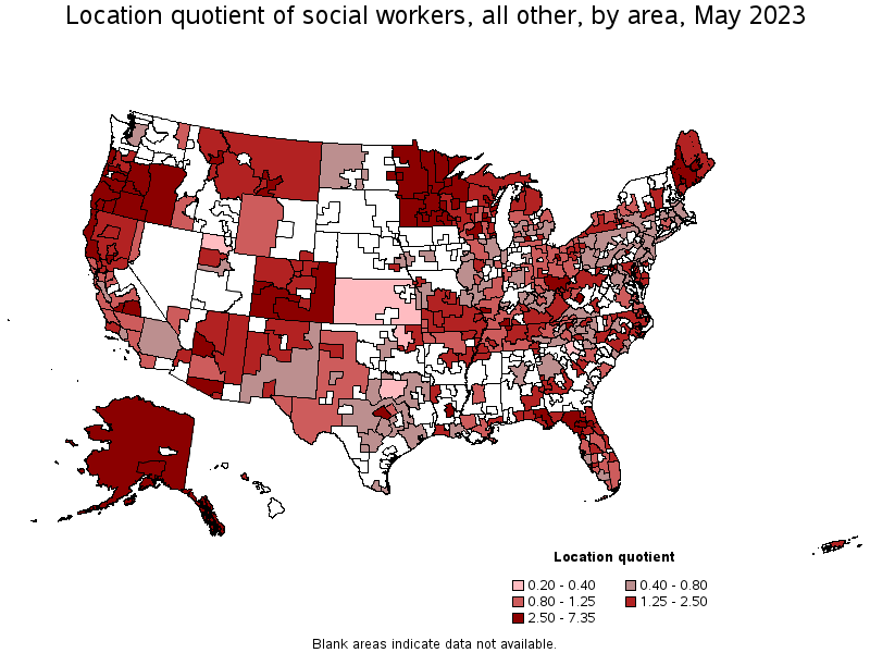 Map of location quotient of social workers, all other by area, May 2022
