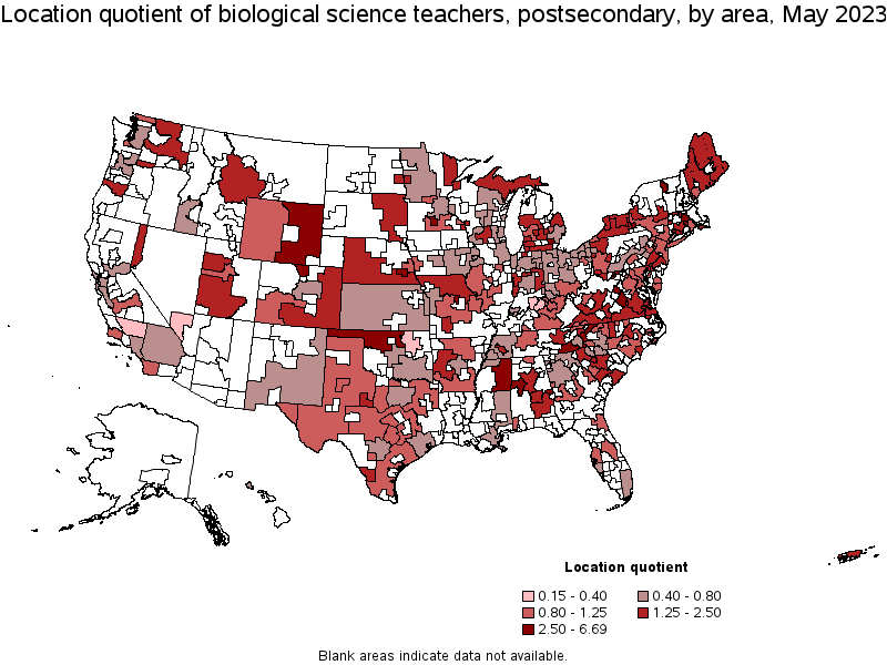 Map of location quotient of biological science teachers, postsecondary by area, May 2021
