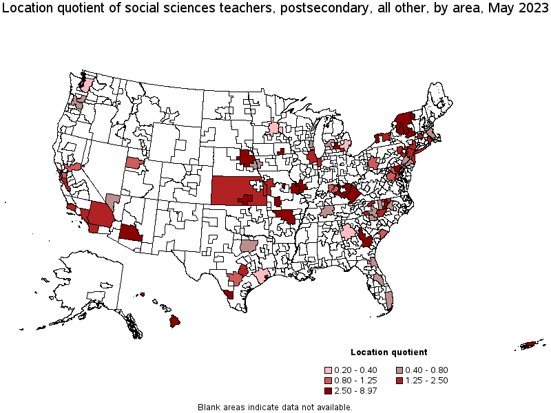 Map of location quotient of social sciences teachers, postsecondary, all other by area, May 2021