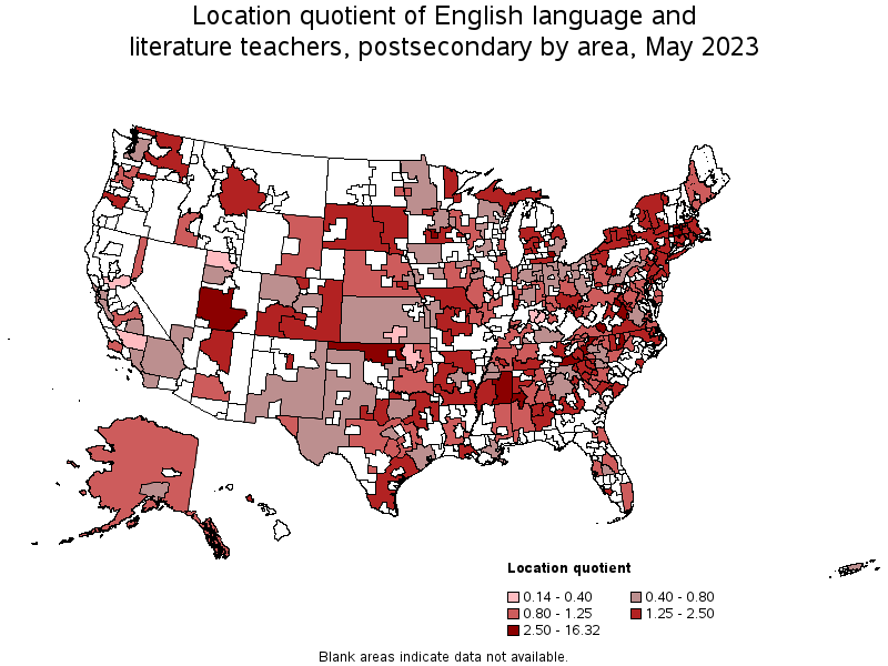 Map of location quotient of english language and literature teachers, postsecondary by area, May 2021