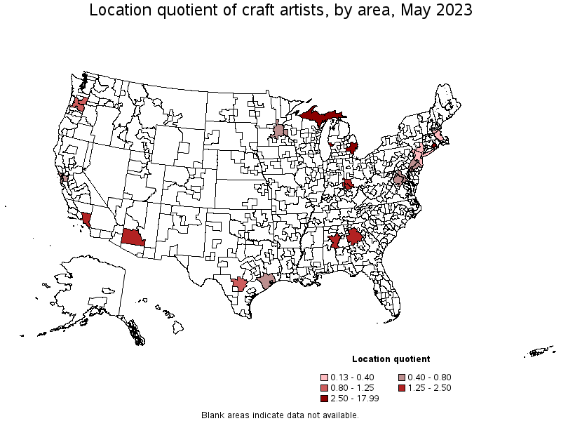 Map of location quotient of craft artists by area, May 2022
