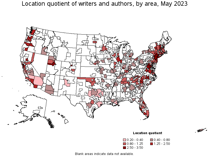 Map of location quotient of writers and authors by area, May 2021