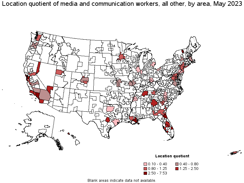 Map of location quotient of media and communication workers, all other by area, May 2022