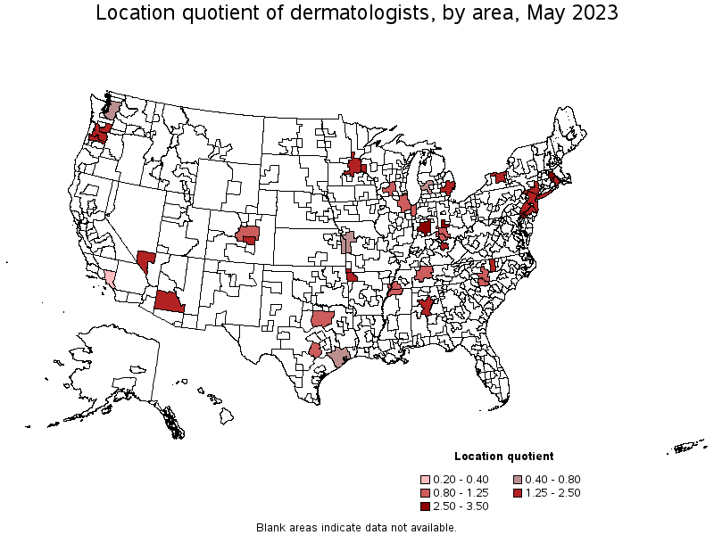 Map of location quotient of dermatologists by area, May 2021