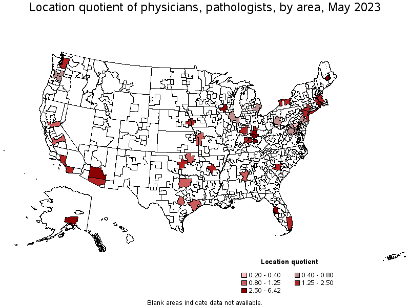 Map of location quotient of physicians, pathologists by area, May 2022