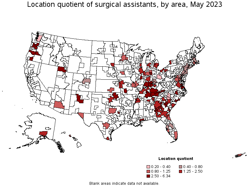 Map of location quotient of surgical assistants by area, May 2021