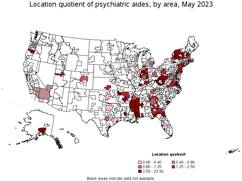 Map of location quotient of psychiatric aides by area, May 2022