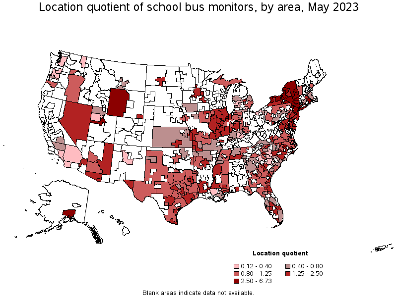 Map of location quotient of school bus monitors by area, May 2022