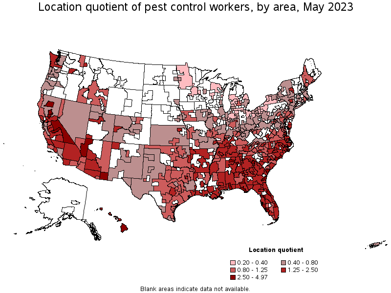 Map of location quotient of pest control workers by area, May 2021