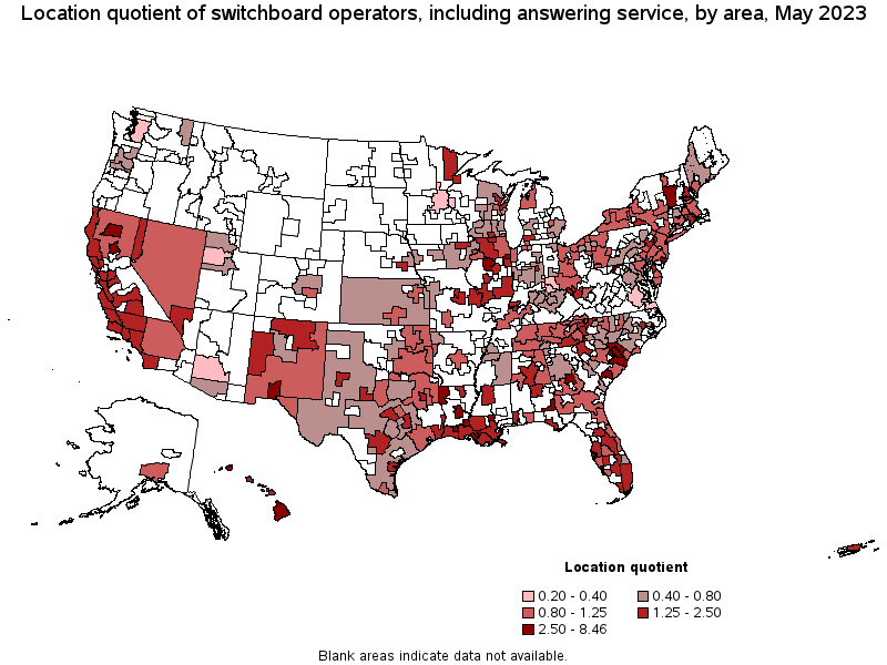 Map of location quotient of switchboard operators, including answering service by area, May 2022