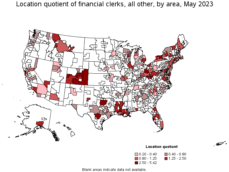 Map of location quotient of financial clerks, all other by area, May 2021