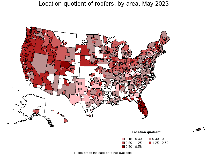 Map of location quotient of roofers by area, May 2021