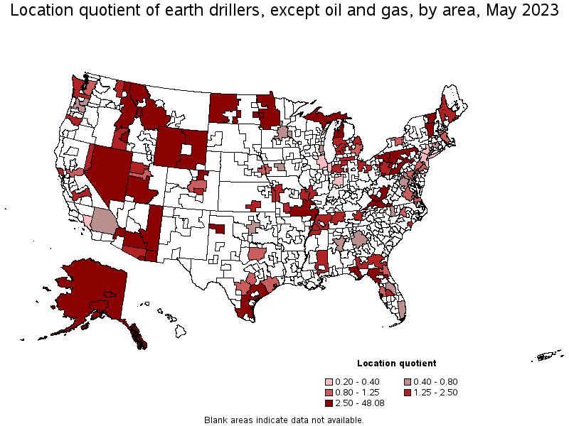 Map of location quotient of earth drillers, except oil and gas by area, May 2022