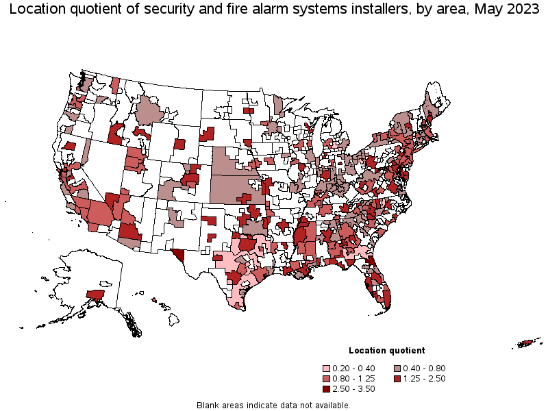 Map of location quotient of security and fire alarm systems installers by area, May 2022