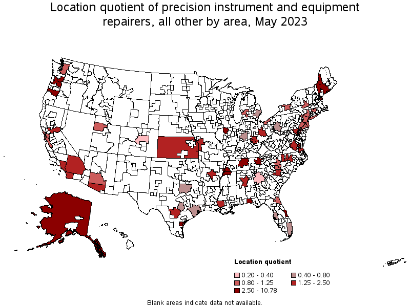 Map of location quotient of precision instrument and equipment repairers, all other by area, May 2022