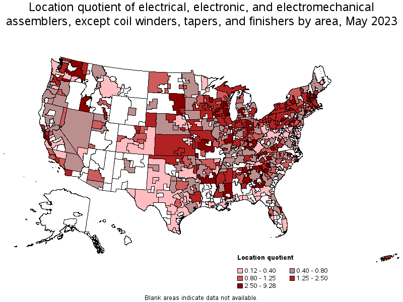 Map of location quotient of electrical, electronic, and electromechanical assemblers, except coil winders, tapers, and finishers by area, May 2021