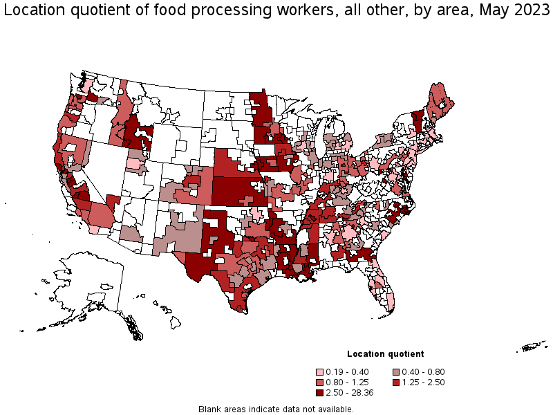 Map of location quotient of food processing workers, all other by area, May 2022