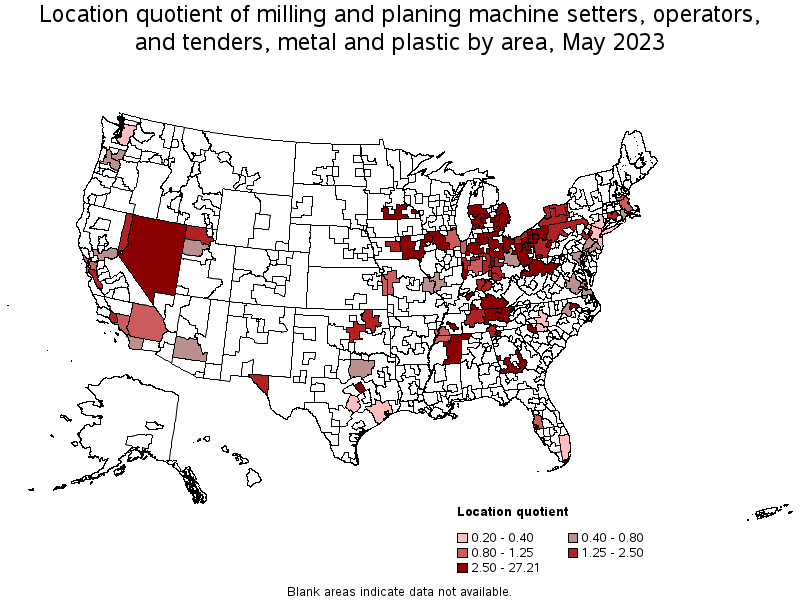 Map of location quotient of milling and planing machine setters, operators, and tenders, metal and plastic by area, May 2022