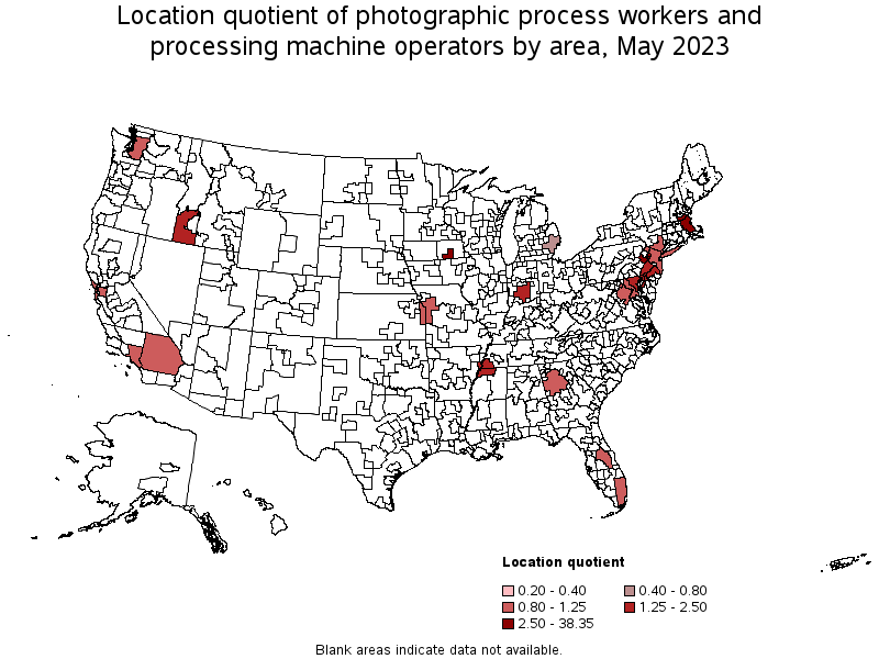 Map of location quotient of photographic process workers and processing machine operators by area, May 2021