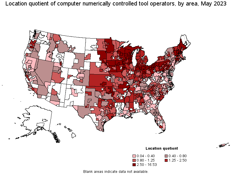 Map of location quotient of computer numerically controlled tool operators by area, May 2022