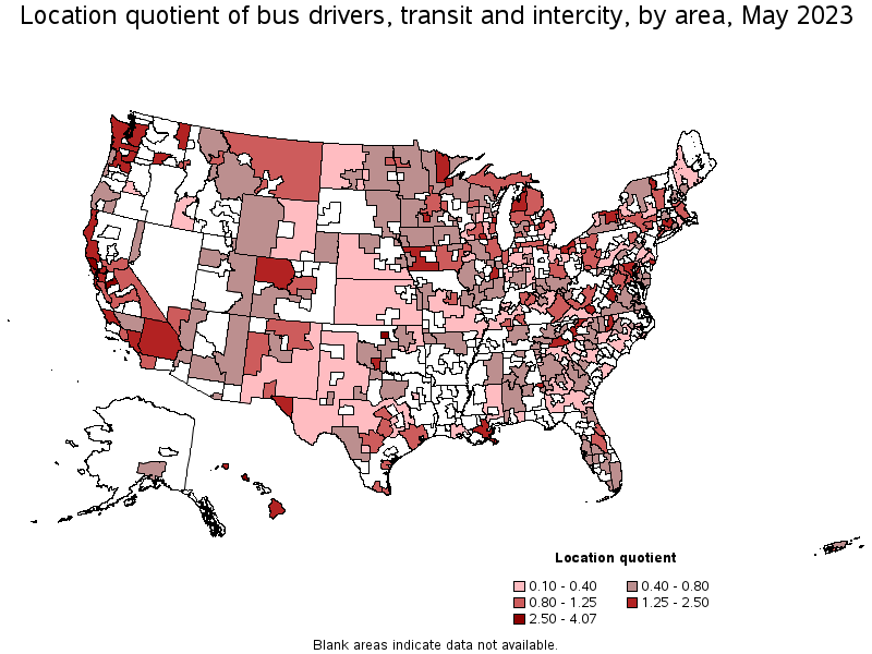 Map of location quotient of bus drivers, transit and intercity by area, May 2022