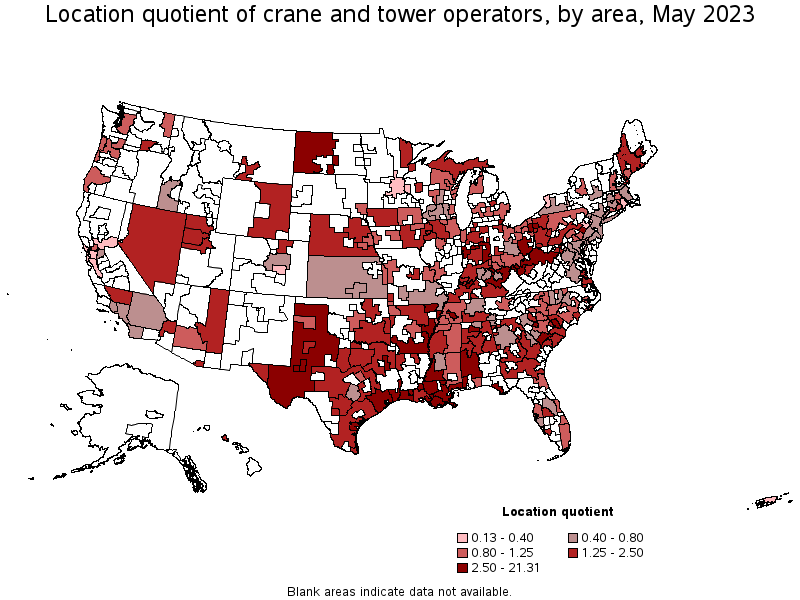 Map of location quotient of crane and tower operators by area, May 2021