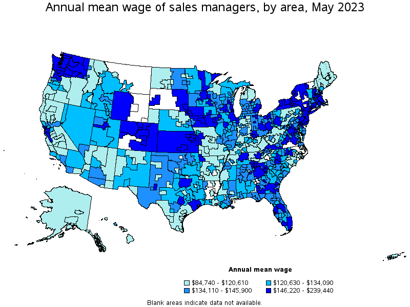 Map of annual mean wages of sales managers by area, May 2023