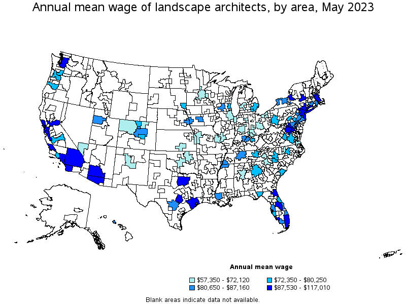 Map of annual mean wages of landscape architects by area, May 2021