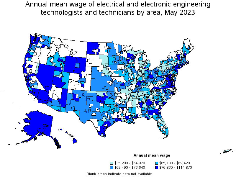 Map of annual mean wages of electrical and electronic engineering technologists and technicians by area, May 2021