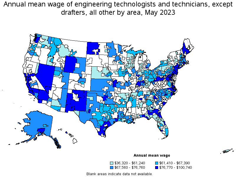 Map of annual mean wages of engineering technologists and technicians, except drafters, all other by area, May 2021