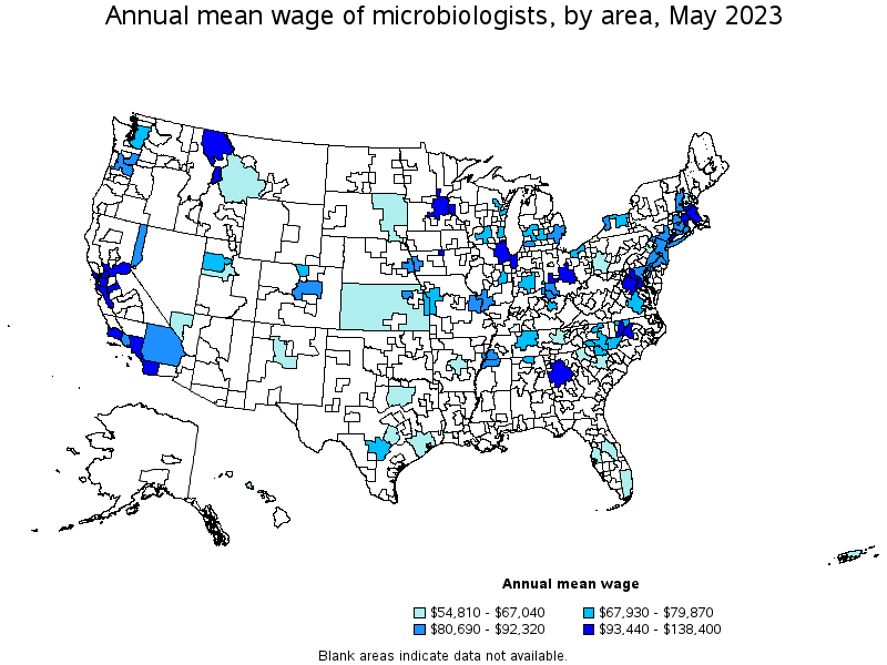 Map of annual mean wages of microbiologists by area, May 2021