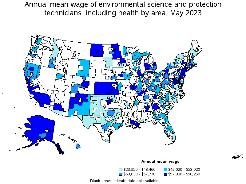Map of annual mean wages of environmental science and protection technicians, including health by area, May 2022