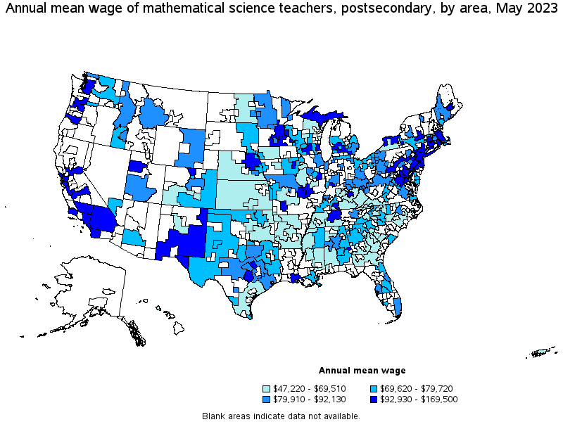 Map of annual mean wages of mathematical science teachers, postsecondary by area, May 2021