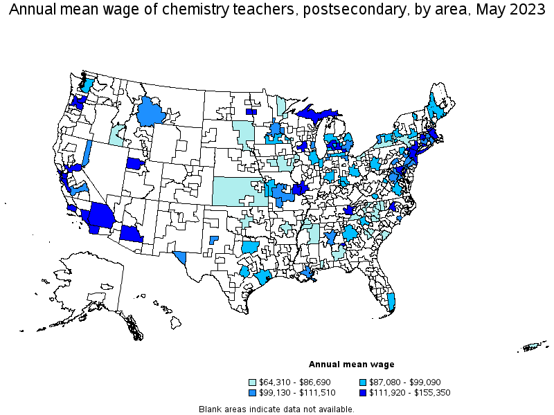 Map of annual mean wages of chemistry teachers, postsecondary by area, May 2021
