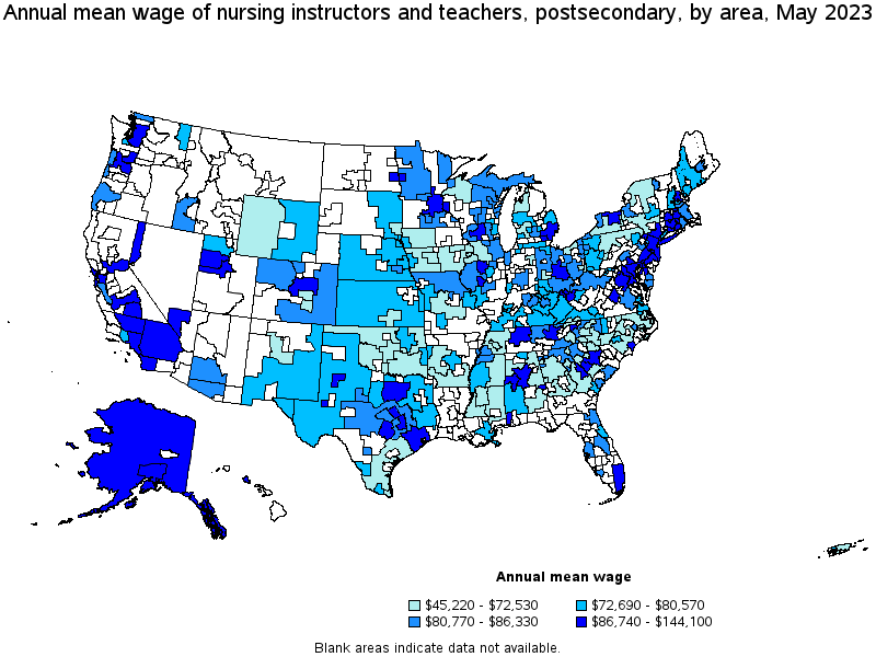 Map of annual mean wages of nursing instructors and teachers, postsecondary by area, May 2021