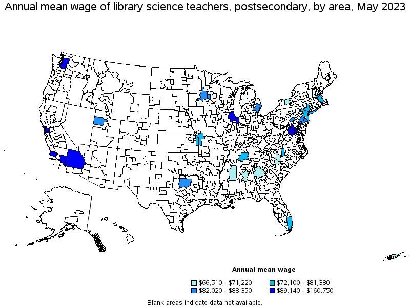 Map of annual mean wages of library science teachers, postsecondary by area, May 2022