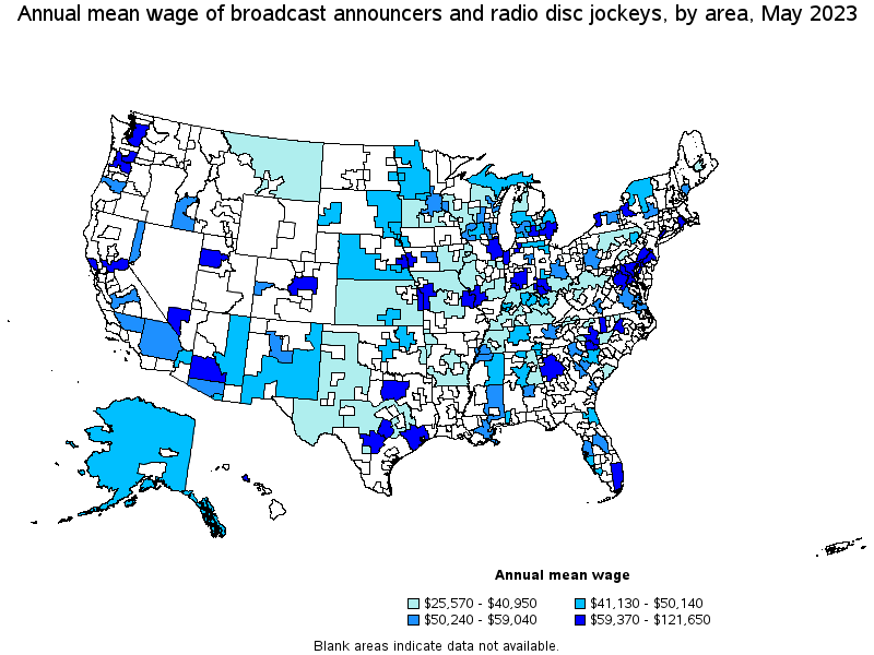 Map of annual mean wages of broadcast announcers and radio disc jockeys by area, May 2021