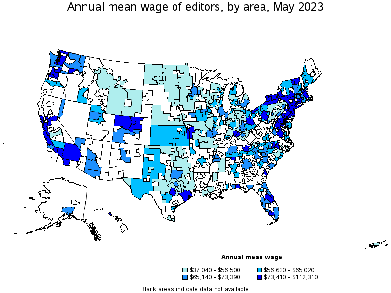 Map of annual mean wages of editors by area, May 2021