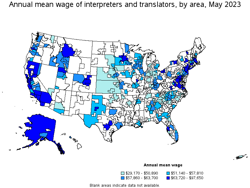 Map of annual mean wages of interpreters and translators by area, May 2021