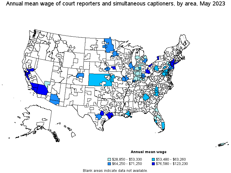Map of annual mean wages of court reporters and simultaneous captioners by area, May 2021