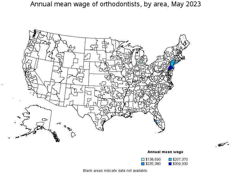 Map of annual mean wages of orthodontists by area, May 2021