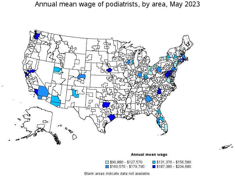 Map of annual mean wages of podiatrists by area, May 2021