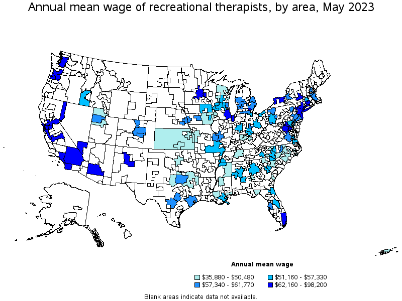 Map of annual mean wages of recreational therapists by area, May 2021